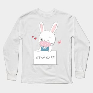 stay safe message with cute rabbit wearing face mask cartoon hand drawn Long Sleeve T-Shirt